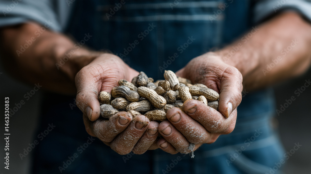 Poster peanuts in hand: a close-up captures a farmer's weathered hands cradling a generous heap of freshly 