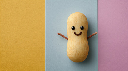 Cheerful Peanut Character in Colorful Frame: A whimsical, animated peanut character with a joyful face and outstretched arms is posed on a vivid and multicolored background, ready to create joy.