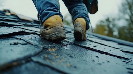 Worker Walking on Wet Roof Tiles