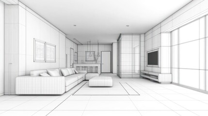 Modern living room interior design wireframe rendering