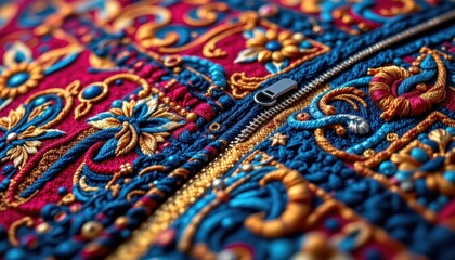imagine a striking art piece where a close up view unveils a mesmerizing tapestry of geometric patterns intricately woven in threads of crimson, azure, and gold