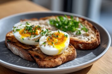 A delicious and nutritious breakfast of soft-boiled eggs on toast, garnished with fresh herbs, highlighting healthy eating and culinary enjoyment.