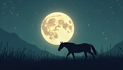 Horse silhouette walking in the grass with a full moon vector design
