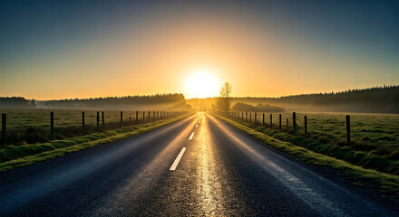 Einsame Straße bei Sonnenaufgang – Melancholischer Moment in weiter Natur
