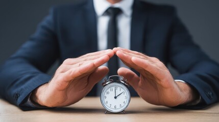 Businessperson protects a small clock on a table.