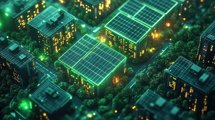 Obraz premium A glowing renewable energy data hub, AI monitoring energy usage efficiently