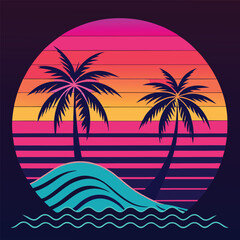 Tropical palm tree on a sandy beach with ocean waves under a summer sky, perfect for a vacation travel illustration