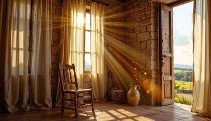 golden rays streaming through sheer curtains, casting a warm glow and illuminating dust motes swirling and dancing in the air like tiny fireflies, in the corner of the room