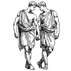 Line art illustration of a male couple or LGBT in classical attire, holding hands and looking at each other, reminiscent of ancient Greek or Roman art,