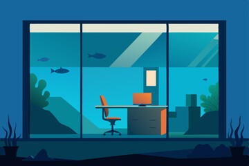 submerged underwater office with sea life outside .svg