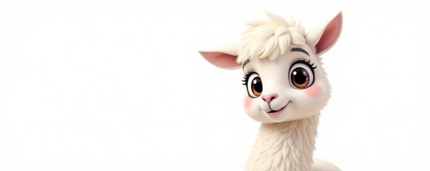 Fototapeta premium Cartoon llama, large expressive eyes, fluffy white mane, gentle smile, clean white backdrop, big eyes, illustration