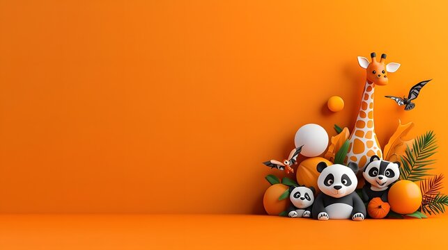 Cheerful cartoon animal characters on a vibrant orange background