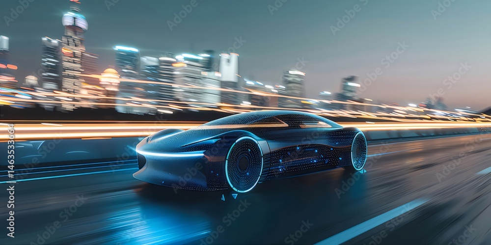 Poster 青いネオンが輝く未来的な車が夜の都市を駆け抜ける 高速道路のライトが流れる背景に高層ビル群と未来的な交通を象徴