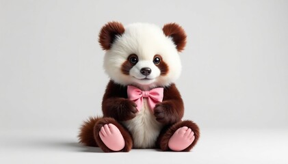 Fototapeta premium Fluffy panda bear with a pink bow, seated Adorable, innocent, white backdrop , panda, backdrop, animal