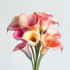 Calla lily bouquet with pink and yellow flowers isolated on white background