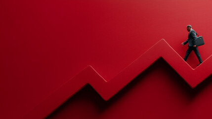 Climbing Towards Success: A determined figure ascends a vibrant red upward trending arrow, briefcase in hand, embodying ambition and progress.