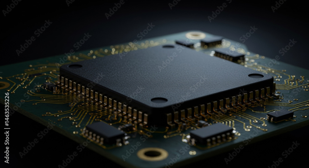 Poster close-up view of a black processor chip mounted on a green circuit board. detailed view of the chip'
