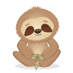 Cartoon funny sitting sloth meditating. Vector illustration isolated on white background. Hand drawn