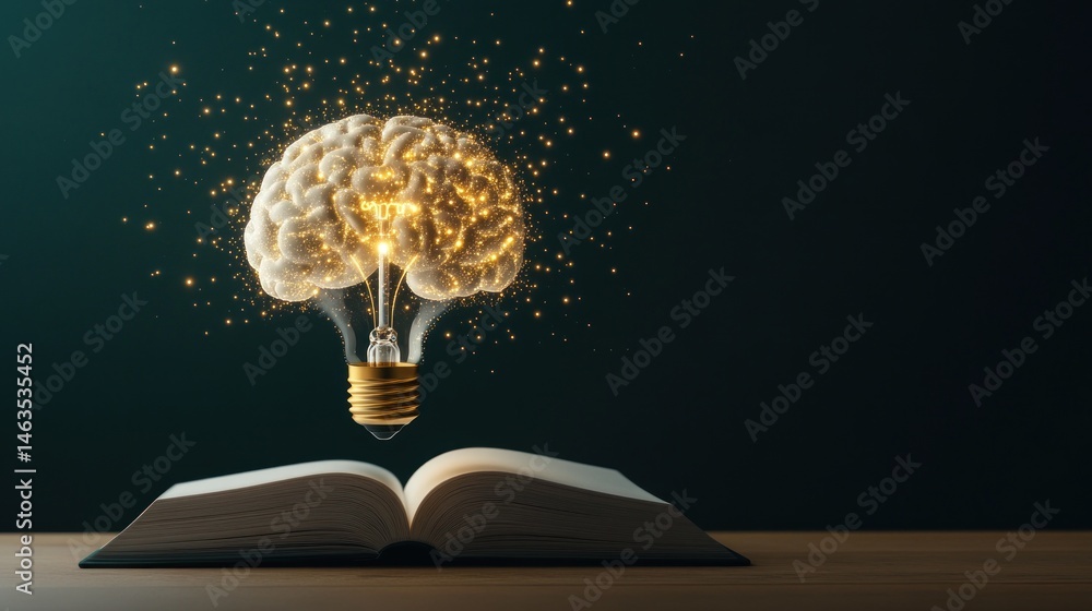 Poster illuminated brain lightbulb above open book knowledge learning and new ideas