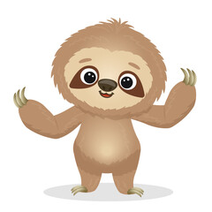 Cute curious cartoon sloth standing. Vector illustration isolated on white background. Hand drawn