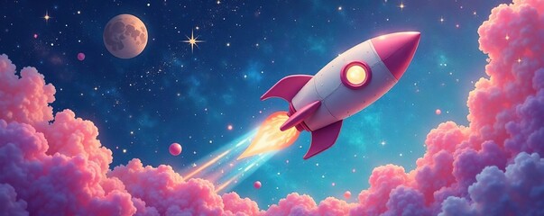 Naklejka premium Whimsical rocketship soars through pastel nebula with sparkling stars, dreamy, stars