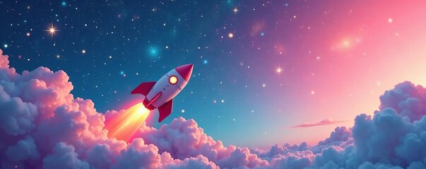 Whimsical rocketship soars through pastel nebula with sparkling stars,  nebula,  adventure,  stars