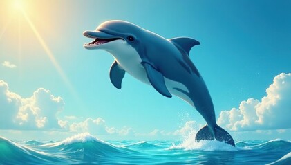 Animated dolphin leaping, ecstatic expression, clean backdrop, vibrant colors, delightful marine creature ,  cartoon,  happy