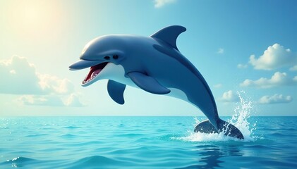 Fototapeta premium Animated dolphin leaping, ecstatic expression, clean backdrop, vibrant colors, delightful marine creature , joy, smile, sea