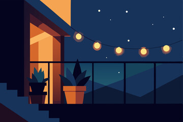 tiny balcony garden glowing under string lights 