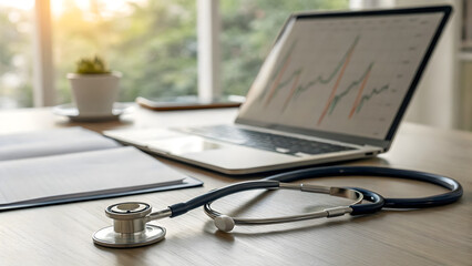 Closeup of stethoscope and medical charts on doctor’s desk