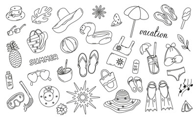 Vector set of images for summer beach vacation in doodle style. Vector icons for vacation. Summer travel collection.