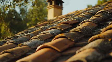 Close-up of Old Terracotta Roof Tiles with Chimney