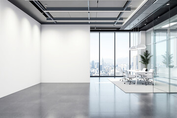 Fototapeta premium Modern office interior with bright empty space and a glass-walled meeting room, minimal design and natural light, city view background. Ai generative