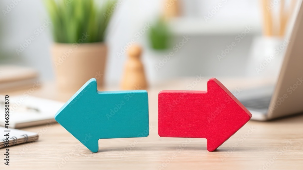 Poster rustic wooden arrows positioned on a desk representing direction and guidance in a post-crisis conte