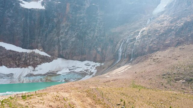 Edith Cavell Lake in Jasper National Park, surrounded by majestic mountains and glaciers