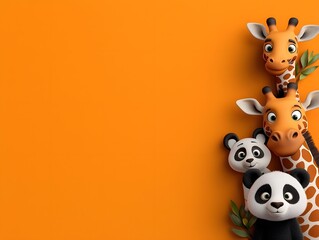 Cute and playful cartoon giraffes pandas and bears peeking curiously from the edges of a vibrant orange background with ample white space for text overlay or design elements