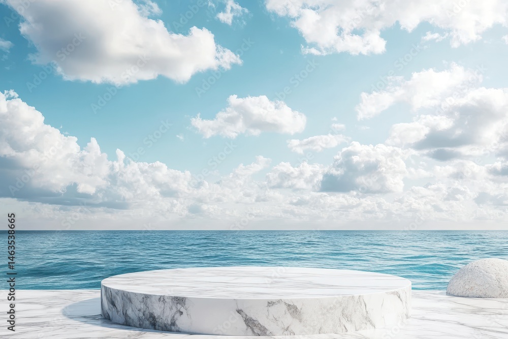 Poster marble podium display against ocean horizon and cloudy sky backdrop product showcase presentation mi