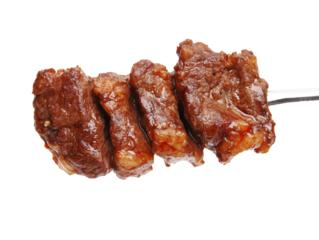 Grilled beef steak on a fork isolated on transparent background.