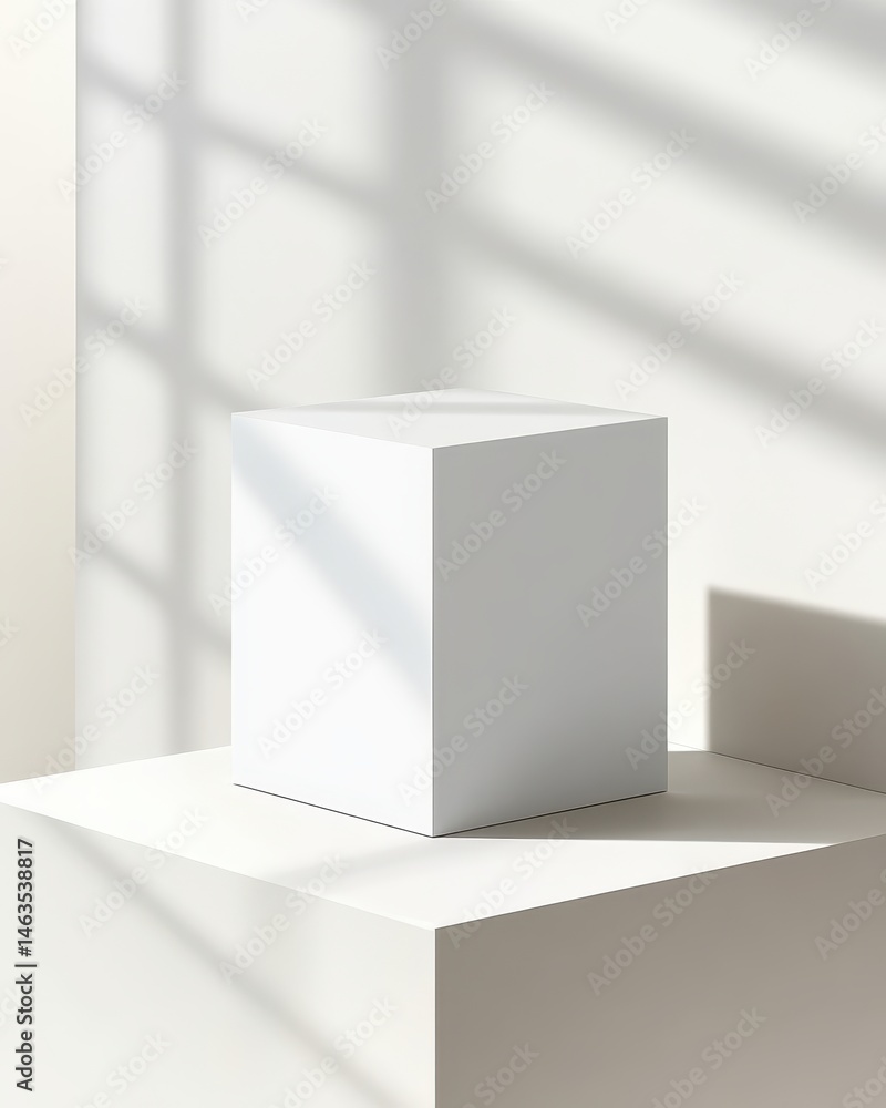 Aufkleber White cube stands on platform in minimalist interior with window shadows product display mockup studio shot