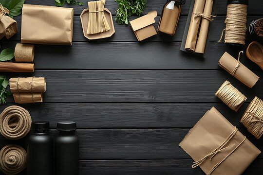 Craft supplies, rolled paper, tied bundles, and brown packaging arranged on a dark wooden surface