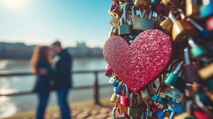 Obraz premium A close-up of a love-themed lock display by a river.