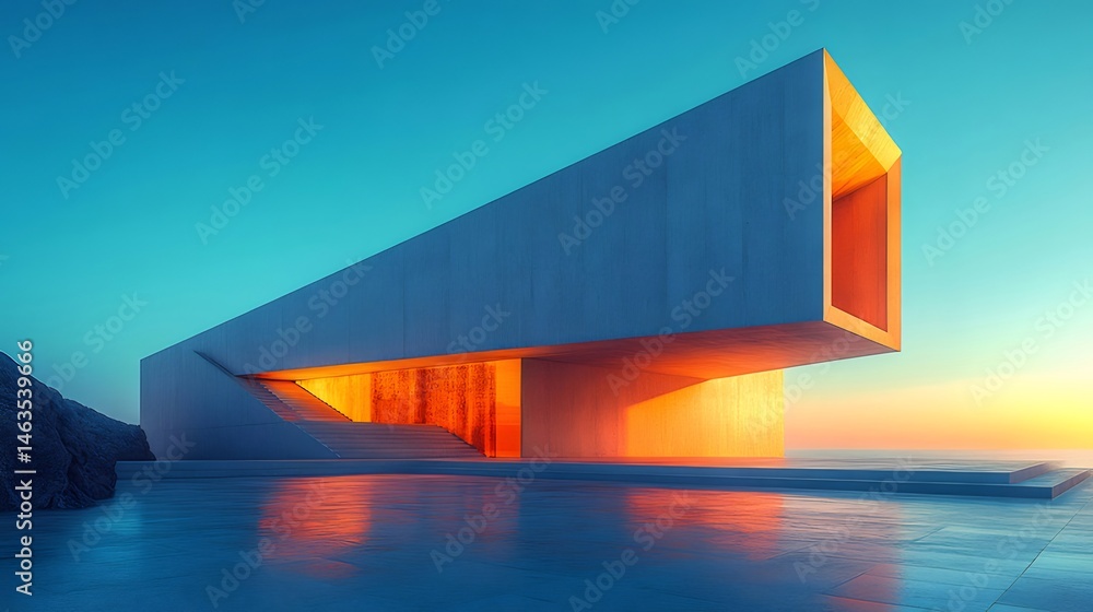 Poster 幾何学的なコンクリート建築物のミニマルデザイン 夕暮れの海に反射するモダンな家 暖色と青色の空が印象的