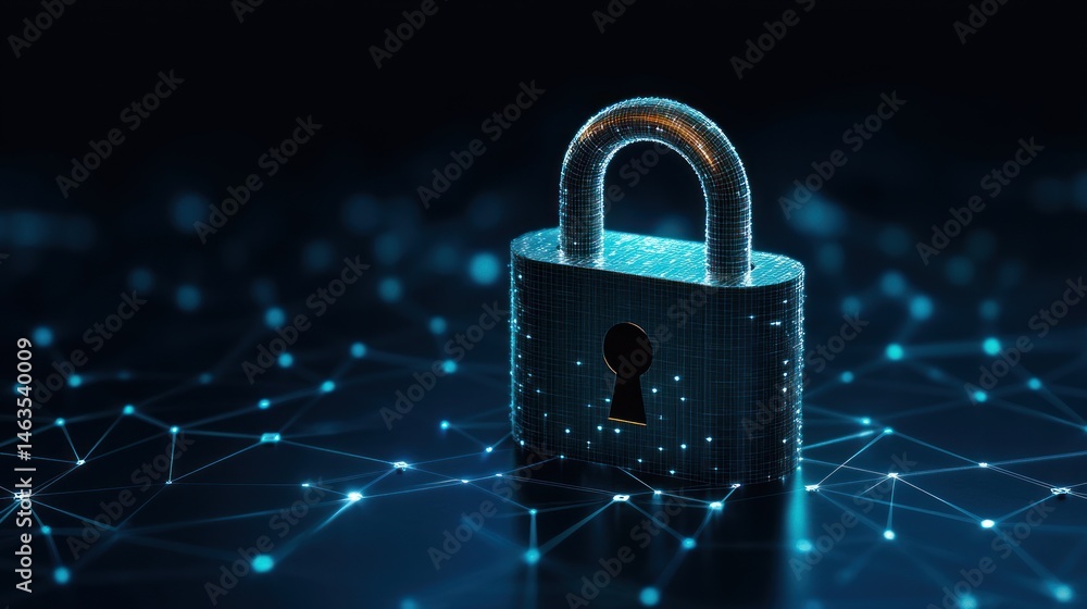 Aufkleber digital padlock network security glowing wireframe lock on abstract background