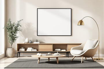 Cozy living room with neutral light tones, wooden furniture, blank frame, and soft shadows, in a modern interior background concept. Ai generative