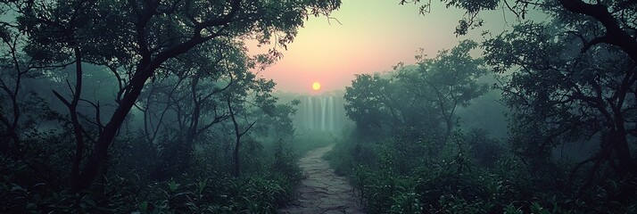 Fototapeta premium Misty Sunrise Forest Path