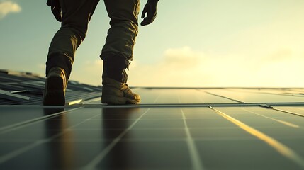 Obraz premium Technician Walking on Solar Panels at Sunset