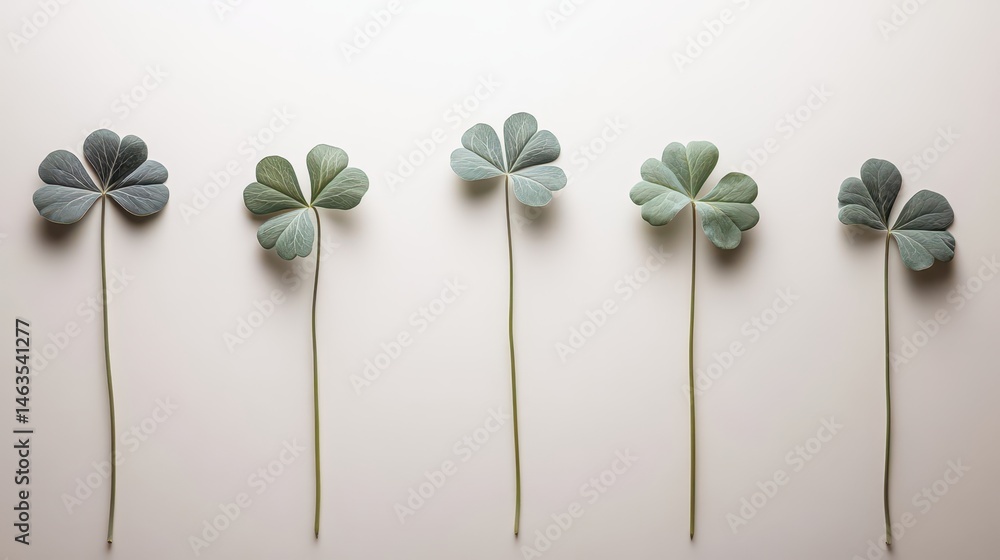 Aufkleber five shamrock plants in a row on beige background studio shot overhead minimalist style