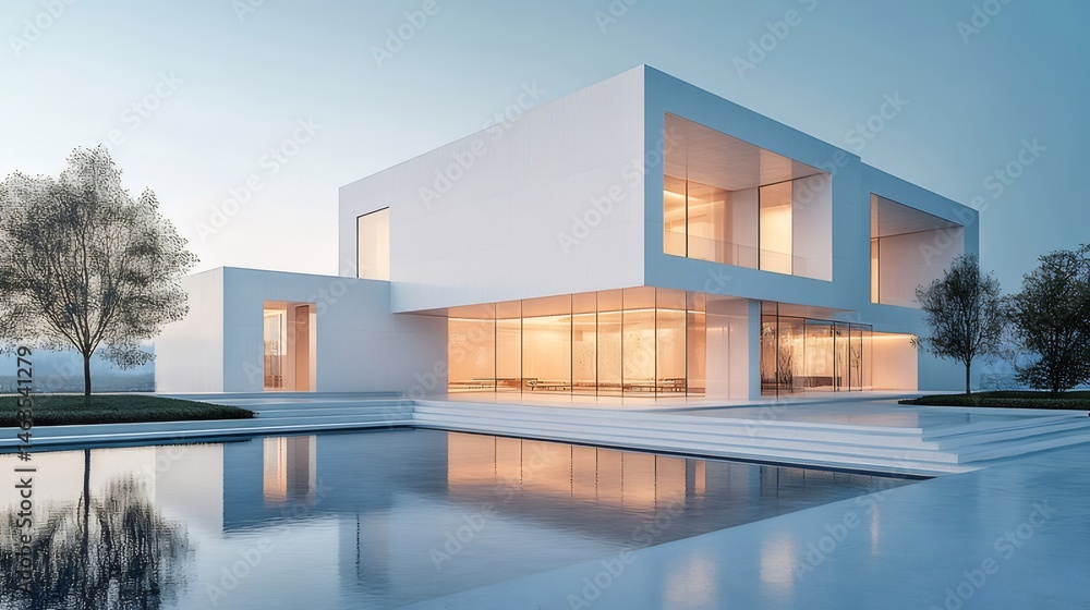 Poster ミニマリスト建築デザインの現代的な白い家の外観 水の反射と空の背景 現代的な高級住宅の静かで平和な雰囲気