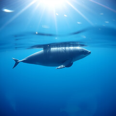 Naklejka premium Vaquita porpoise gracefully swims in clear blue ocean water under shimmering sunlight