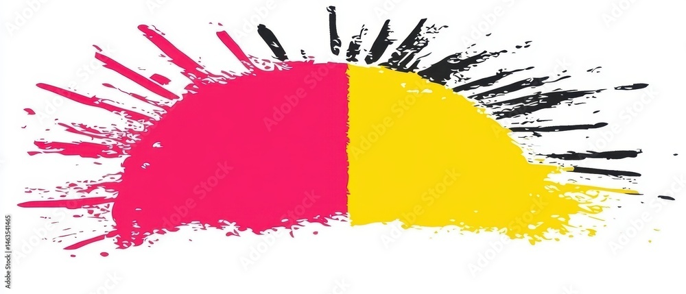 Poster abstract half circle design with splatter effect in pink yellow and black on white background graphi